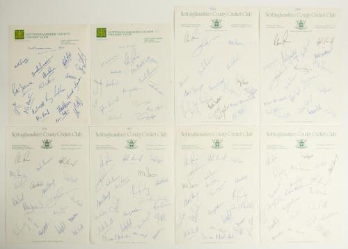 Nottinghamshire C.C.C. 1975-1987. Eight official autograph sheets signed by players of the period. Sheets are for seasons 1975 (17 signatures), 1979 (16), 1982 (18), 1983 (19), 1984 (19), 1985 (22), 1986 (22), and 1987 (22). Signatures include Smedley, Ha