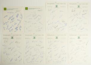 Nottinghamshire C.C.C. 1975-1987. Eight official autograph sheets signed by players of the period. Sheets are for seasons 1975 (17 signatures), 1979 (16), 1982 (18), 1983 (19), 1984 (19), 1985 (22), 1986 (22), and 1987 (22). Signatures include Smedley, Ha