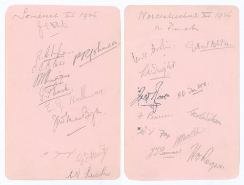 Somerset and Worcestershire 1926. Large album page nicely signed in pencil to one side by eleven Somerset players and to the verso by twelve of Worcestershire (one in ink). Somerset signatures are White, Ingle, Case, Johnson, Bridges, Earle, MacBryan, You