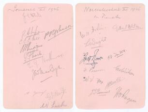 Somerset and Worcestershire 1926. Large album page nicely signed in pencil to one side by eleven Somerset players and to the verso by twelve of Worcestershire (one in ink). Somerset signatures are White, Ingle, Case, Johnson, Bridges, Earle, MacBryan, You