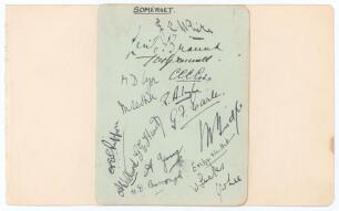 Somerset C.C.C. 1926-1928. Album page laid down to larger album page very nicely signed in ink by seventeen members of the Somerset team for the matches played against Sussex at Hove in 1926, 1927 and 1928, obtained by the collector Laetitia Stapleton (ne