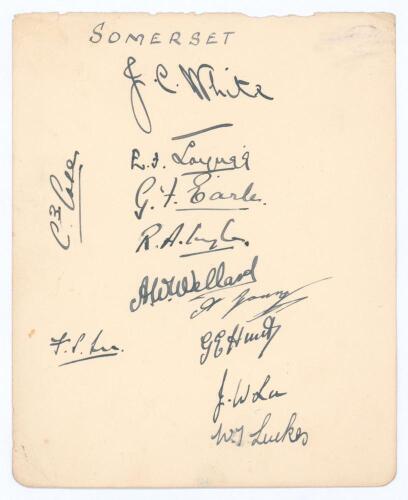 Somerset c.1929/30. Large album page very nicely signed in ink by eleven members of the Somerset team. Signatures are White (Captain), Longrigg, Earle, Ingle, Wellard, Young, Hunt, J.W. Lee, Luckes, Case and F.S. Lee. Good/ very good condition.