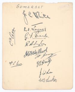 Somerset c.1929/30. Large album page very nicely signed in ink by eleven members of the Somerset team. Signatures are White (Captain), Longrigg, Earle, Ingle, Wellard, Young, Hunt, J.W. Lee, Luckes, Case and F.S. Lee. Good/ very good condition.