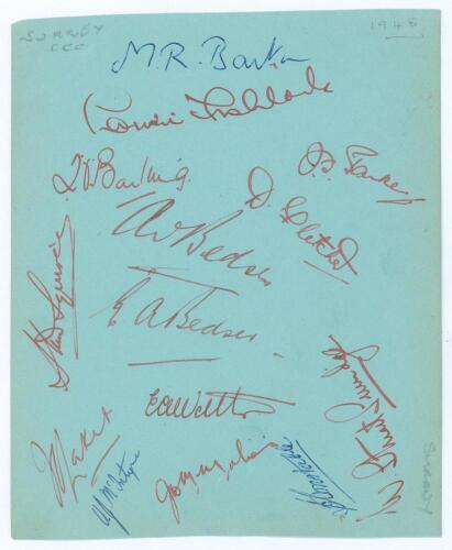 Surrey C.C.C. 1948. Large album page signed in red and blue inks by fourteen members of the Surrey team. Signatures are Barton, Fishlock, Barling, Parker, A. & E. Bedser, Fletcher, Squires, Laker, Watts, McIntyre, McMahon, Constable and Surridge. Good con