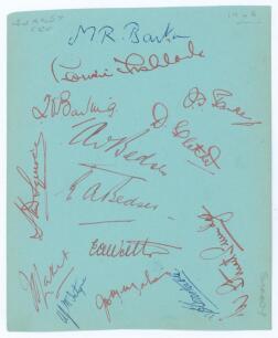 Surrey C.C.C. 1948. Large album page signed in red and blue inks by fourteen members of the Surrey team. Signatures are Barton, Fishlock, Barling, Parker, A. & E. Bedser, Fletcher, Squires, Laker, Watts, McIntyre, McMahon, Constable and Surridge. Good con