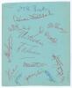 Surrey C.C.C. 1948. Large album page signed in red and blue inks by fourteen members of the Surrey team. Signatures are Barton, Fishlock, Barling, Parker, A. & E. Bedser, Fletcher, Squires, Laker, Watts, McIntyre, McMahon, Constable and Surridge. Good con