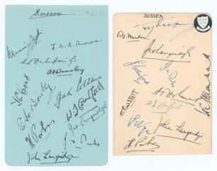 Sussex C.C.C. c.1930 and c.1938. Two album pages signed by Sussex players, both nicely signed in ink by twelve players. Signatures are Tate, Browne, Duleepsinhji, Wensley, Cook, Bowley, Collins, Tich Cornford, Harry Parks, James and John Langridge, Jim Pa