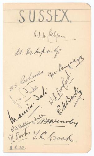 Sussex C.C.C. 1930. Album page very nicely signed in black ink by the twelve members of the Sussex team for the drawn match v Nottinghamshire at Trent Bridge 3rd- 6th May 1930. The page dated 3rd May 1930. Signatures are A.H.H. Gilligan (Captain), Duleeps