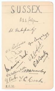 Sussex C.C.C. 1930. Album page very nicely signed in black ink by the twelve members of the Sussex team for the drawn match v Nottinghamshire at Trent Bridge 3rd- 6th May 1930. The page dated 3rd May 1930. Signatures are A.H.H. Gilligan (Captain), Duleeps