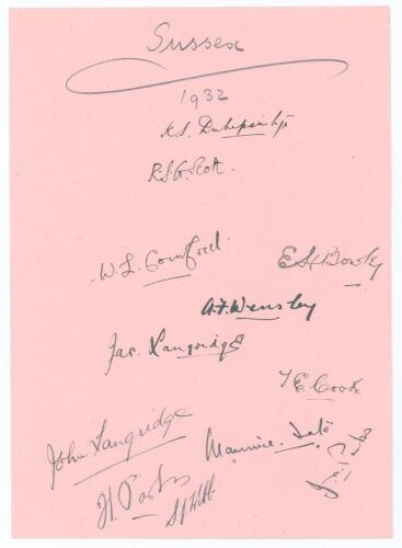 Sussex C.C.C. 1932. Large album page very nicely signed in black ink by the twelve members of the Sussex team for the match v Leicestershire at Aylestone Road, Leicester 18th- 20th May 1932. Signatures are Duleepsinhji (Captain), Scott, Cornford, Bowley, 