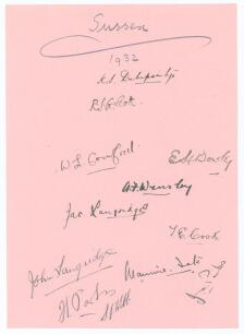Sussex C.C.C. 1932. Large album page very nicely signed in black ink by the twelve members of the Sussex team for the match v Leicestershire at Aylestone Road, Leicester 18th- 20th May 1932. Signatures are Duleepsinhji (Captain), Scott, Cornford, Bowley, 