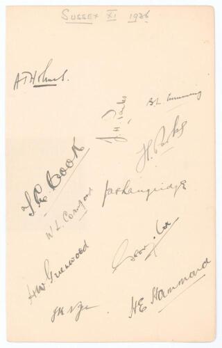 Sussex C.C.C. 1936. Large album page very nicely signed in black ink by eleven members of the Sussex team for the match v Gloucestershire at Cheltenham 15th- 18th August 1936. Signatures are Holmes (Captain), J.H. Parks, Cumming, Cook, H.W. Parks, W.L. Co