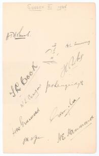 Sussex C.C.C. 1936. Large album page very nicely signed in black ink by eleven members of the Sussex team for the match v Gloucestershire at Cheltenham 15th- 18th August 1936. Signatures are Holmes (Captain), J.H. Parks, Cumming, Cook, H.W. Parks, W.L. Co