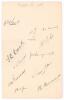 Sussex C.C.C. 1936. Large album page very nicely signed in black ink by eleven members of the Sussex team for the match v Gloucestershire at Cheltenham 15th- 18th August 1936. Signatures are Holmes (Captain), J.H. Parks, Cumming, Cook, H.W. Parks, W.L. Co