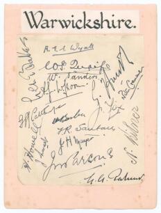 Warwickshire C.C.C. 1927 & 1928. Small album page laid down to a slightly larger page, nicely signed in black ink by seventeen members of the Gloucestershire team, the majority of whom played against Sussex at Horsham in 1927 and Hove in 1928, obtained by