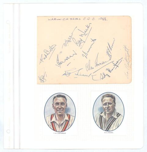 Warwickshire C.C.C. 1956. Larger album page nicely signed in ink by eleven members of the 1956 Warwickshire team. Signatures include Hollies (Captain), Wolton, Weeks, Gardner, Bannister, Townsend, Thompson, Hitchcock, Cartwright etc. The album page laid d