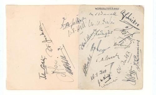 Worcestershire C.C.C. 1926-1929. Two neatly joined album pages nicely signed to one side in ink by twenty two members of the Worcestershire team, the majority of whom played in the matches against Sussex at Hove in seasons 1926-1929. The signatures obtain