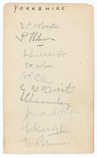 Yorkshire C.C.C. 1921. Album page nicely signed in pencil by ten members of the Yorkshire team for the match v Sussex at Hove 27th- 30th August 1921. Signatures are Burton (Captain), Holmes, Sutcliffe, Wilson, Hirst, Macaulay, Waddington, Oldroyd, Robinso