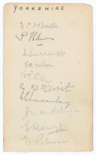 Yorkshire C.C.C. 1921. Album page nicely signed in pencil by ten members of the Yorkshire team for the match v Sussex at Hove 27th- 30th August 1921. Signatures are Burton (Captain), Holmes, Sutcliffe, Wilson, Hirst, Macaulay, Waddington, Oldroyd, Robinso