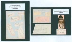 Test players signature 1930&rsquo;s. One album page and two parts of album pages featuring the signatures of India, England and Australian players, each laid down to black card with typed heading to top and players names on sheet to back of card. Signatures are