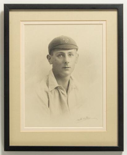 Hedley Verity. Yorkshire & England 1930-1939. Excellent early studio portrait of a young Hedley Verity, head and shoulders, in cricket attire wearing his Horsforth Hall Park Cricket Club cap. The photograph by The Harold Butler Studios, 18, New Briggate, 
