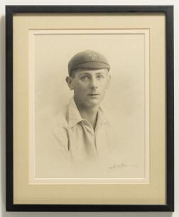 Hedley Verity. Yorkshire & England 1930-1939. Excellent early studio portrait of a young Hedley Verity, head and shoulders, in cricket attire wearing his Horsforth Hall Park Cricket Club cap. The photograph by The Harold Butler Studios, 18, New Briggate, 