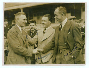 Hedley Verity. Yorkshire & England 1930-1939. &lsquo;Ten wickets for 36 runs, Yorkshire v Warwickshire, 18th May 1931&rsquo;. Original sepia press photograph of Hedley Verity being congratulated by both the Yorkshire and Warwickshire Captains, Frank Greenwood and Bob