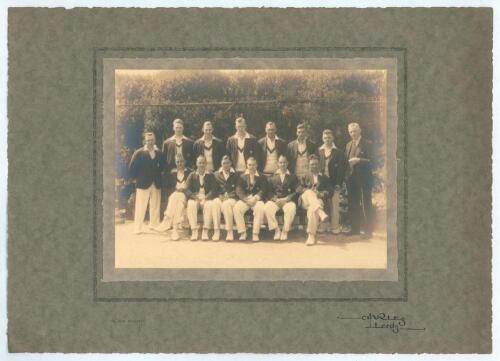&lsquo;Yorkshire County Cricket Team circa 1931&rsquo;. Excellent official mono photograph of the Yorkshire team seated and standing in rows wearing cricket attire and blazers. Players featured include Greenwood (captain), Sutcliffe, Sellers, Macauley, Leyland, Wood,