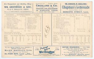 Hedley Verity. Yorkshire & England 1930-1939. &lsquo;Ten wickets for 10 runs. Yorkshire v Nottinghamshire, 9th- 12th July 1932&rsquo;. Original scorecard for the famous match played at Headingley where Hedley Verity took 10-10 runs for Yorkshire in Nottinghamshire&rsquo;s 