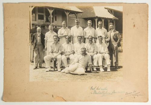 &lsquo;Yorkshire County Cricket Team 1932&rsquo;. Official mono photograph of the Yorkshire team seated and standing in rows wearing cricket attire in front of a pavilion. Players featured include Sellers (captain), Sutcliffe, Macauley, A. Rhodes, Holmes, Wood, Barbe