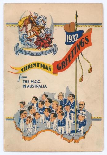 Hedley Verity. Yorkshire & England 1930-1939. Official M.C.C. Christmas card from the M.C.C. Tour of Australia 1932/33 (Bodyline Tour). With the cover decorated with the M.C.C. colours, caricatures of the M.C.C. team stood on a outline map of Australia an