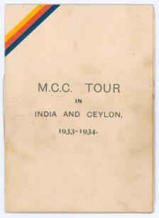 M.C.C. tour of India & Ceylon 1933/34. Official players itinerary tour booklet for the &lsquo;M.C.C. Tour in India and Ceylon 1933-1934&rsquo;. Title and diagonal bands in M.C.C. colours to front cover, with team details, fixtures & travelling schedule, postal inform