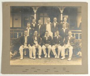 &lsquo;Yorkshire County Cricket Team 1933&rsquo;. Official mono photograph of the Yorkshire team seated and standing in rows wearing cricket attire and blazers in front of a pavilion. Players featured include Sellers (captain), Sutcliffe, Macauley, Dennis, A. Rhodes,