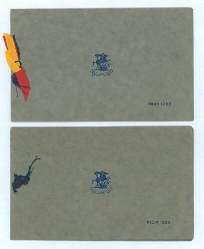 M.C.C. tour to India 1933/34. Official M.C.C. Christmas card from the M.C.C. tour of India 1933 with gold embossed cover emblem of St George & the Dragon, &lsquo;1933-India-1934&rsquo; below and &lsquo;India 1933&rsquo; printed to lower right hand corner plus red and blue ribbon