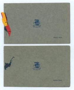 M.C.C. tour to India 1933/34. Official M.C.C. Christmas card from the M.C.C. tour of India 1933 with gold embossed cover emblem of St George & the Dragon, &lsquo;1933-India-1934&rsquo; below and &lsquo;India 1933&rsquo; printed to lower right hand corner plus red and blue ribbon
