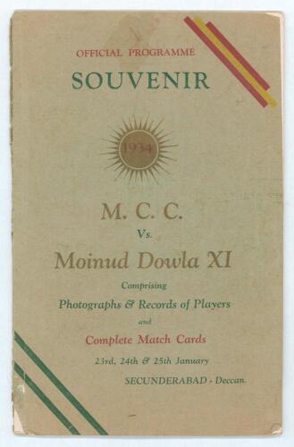 M.C.C. tour to India 1933/34. Official programme souvenir for the M.C.C. v [Nawab of] Mojnud Dowla XI tour match played at the Gymkhana Ground, Secunderabad on the 23rd to 25th January 1934. The programme with photographs, biographies and records of the p