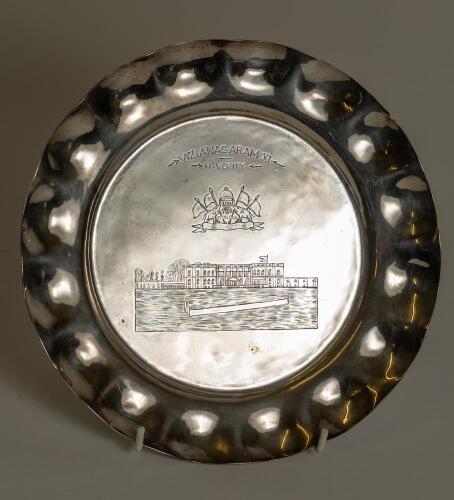 Maharaja Kumar of Vizianagram&rsquo;s XI v M.C.C. 10th to 12th January 1934. Silver [?] salver presented to Hedley Verity by Maharaja Vizianagram during the tour match played at the Maharaja of Benares Palace Ground, Benares on the M.C.C. tour. The salver with 
