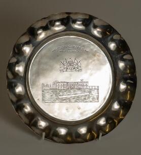 Maharaja Kumar of Vizianagram&rsquo;s XI v M.C.C. 10th to 12th January 1934. Silver [?] salver presented to Hedley Verity by Maharaja Vizianagram during the tour match played at the Maharaja of Benares Palace Ground, Benares on the M.C.C. tour. The salver with 