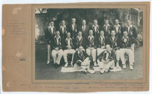M.C.C. tour to India 1933/34. Original mono photograph of the M.C.C. touring team seated and standing in rows wearing tour blazers. Players are Jardine (Captain), Human, Barnett, Nichols, Gregory, Langridge, Levett, Walters, Mitchell, Clark, Verity, Towns